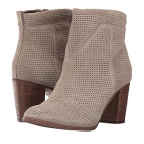 Toms Women’s 7.5 Lunata Perforated Side Zip Ankle Heel Bootie Taupe Suede VGUC - Picture 1 of 14